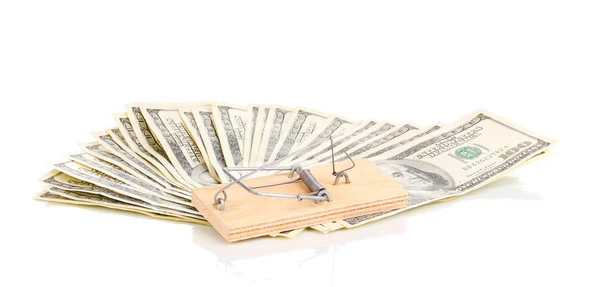 Dolarové bankovky a past na myši izolovaných na bílém — Stock fotografie
