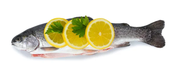 Färsk fisk med citron och persilja isolerad på vit — Stockfoto