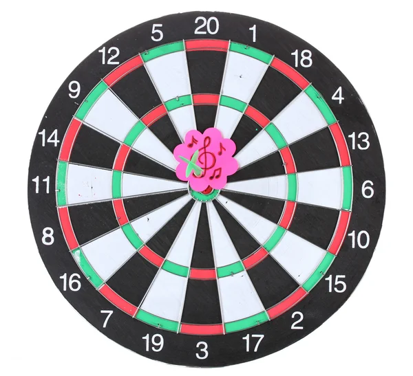 Darts with stickers depicting the life values isolated on white. The darts hit the target. — Stock Photo, Image