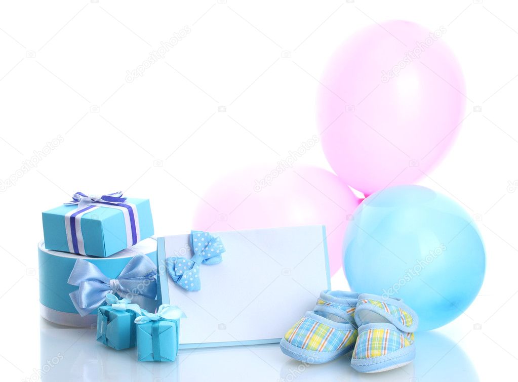 Beautiful gifts, baby's bootees, blank postcard and balloons isolated on white