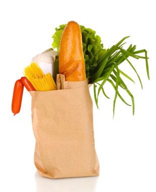 Paper bag with food isolated on white clipart