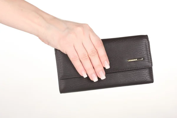 白で隔離の手で女性の財布 — ストック写真