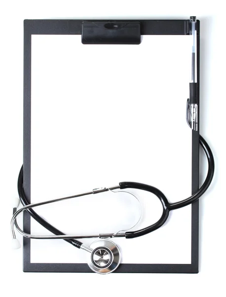 Stetoscopio e appunti neri isolati su bianco — Foto Stock