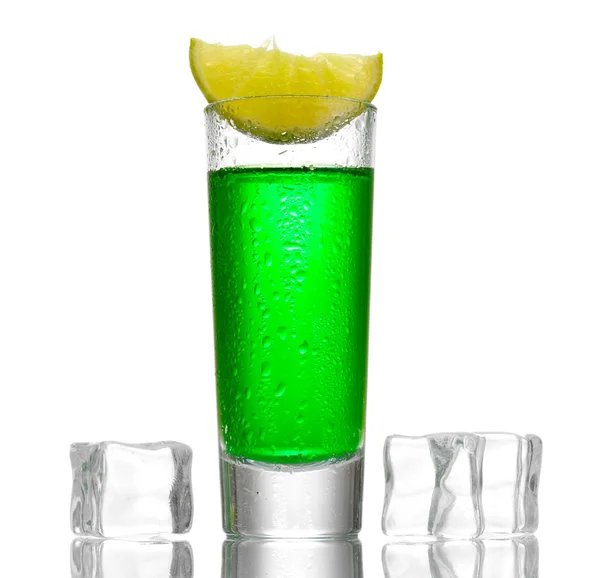 Glass of absinthe, ice and lime isolated on white — Stock Photo, Image
