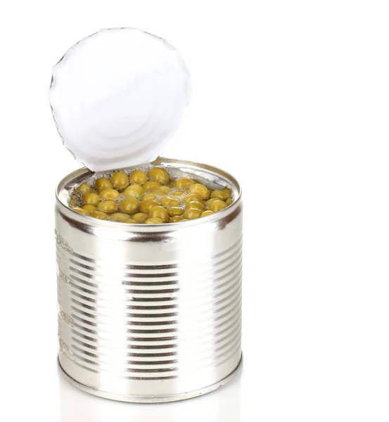 Öppna plåtburk Peas isolerad på vit — Stockfoto