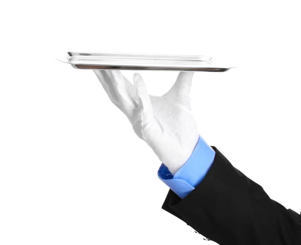 Formal waiter with a silver tray isolated on white — Stock Photo, Image