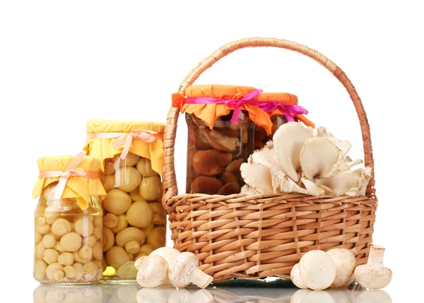 Stock image Delicious marinated mushrooms in the glass jars, raw champignons and oyster mushrooms in basket isolated on white