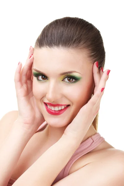 Retrato de mujer joven sexy con glamour maquillaje y manicura roja — Foto de Stock