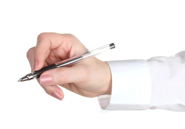 Femme main avec stylo isolé sur blanc — Photo