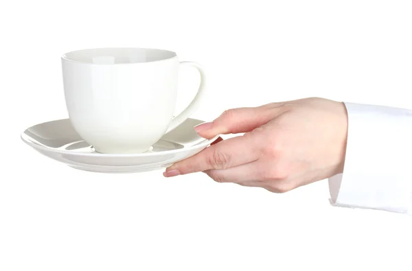 Femme main avec tasse de café isolé sur blanc — Photo