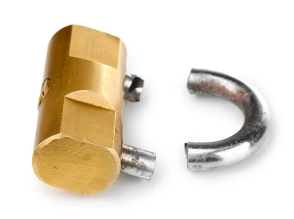 現代の鋸で挽かれた南京錠を白で隔離 — ストック写真