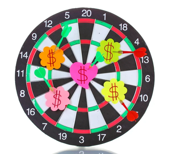 Stock image Darts with stickers depicting the life values isolated on white. The darts hit the target.