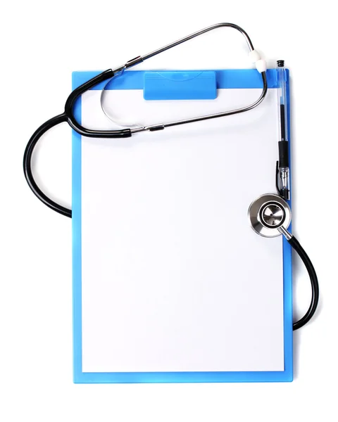 Stethoscope and blue clipboard isolated on white Stock Image