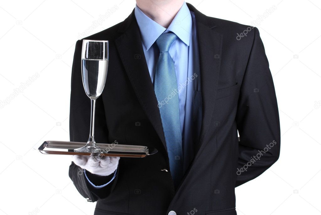Formal waiter with a glass of water on silver tray isolated on white