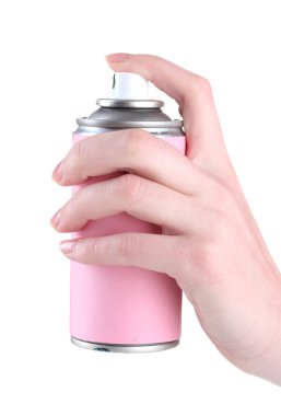 insan eli tutan bir aerosol üzerine beyaz izole