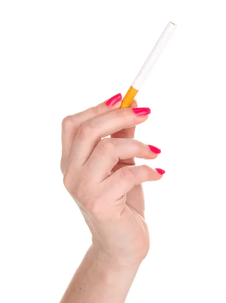Sigaret in vrouwelijke hand isolateed op wit — Stockfoto