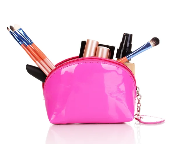 Make up väska med kosmetika och borstar isolerade på vitt — Stockfoto
