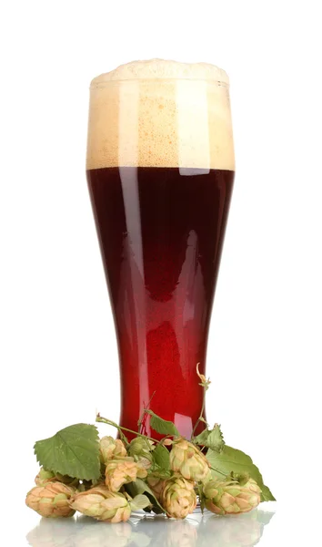 Червоне пиво з піною в склі і хоп ізольоване на білому — стокове фото
