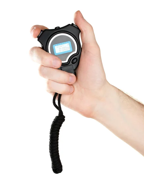 Timer sportivo elettronico in mano isolato su bianco — Foto Stock