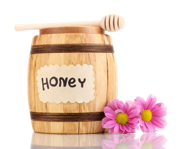 Zoete honing in vat met drizzler geïsoleerd op wit — Stockfoto