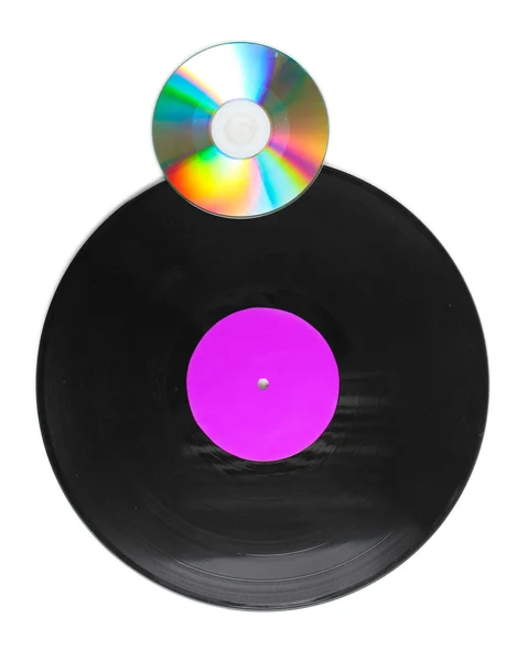 Czarny winyl zapis i cd dysk na białym tle — Zdjęcie stockowe
