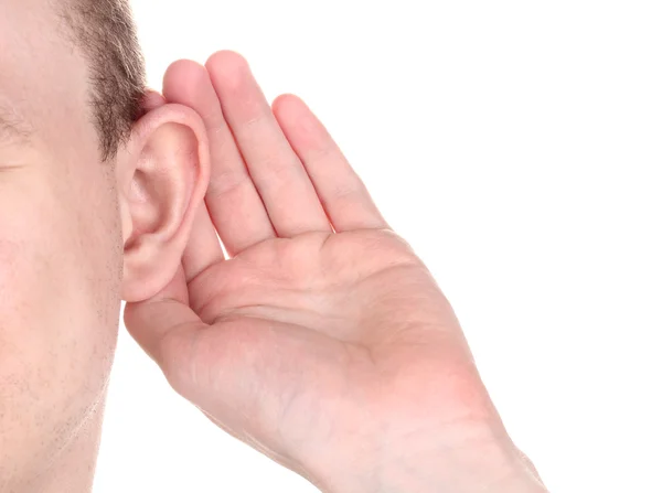 Menselijke oor en hand close-up geïsoleerd op wit — Stockfoto
