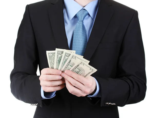 Hombre de negocios tomando dinero aislado en blanco — Foto de Stock