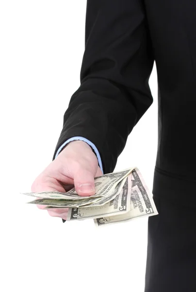 Homem de negócios mão segurando dinheiro isolado em branco — Fotografia de Stock