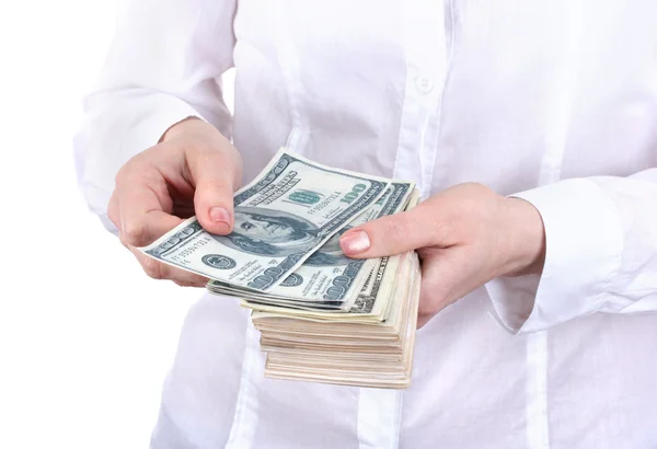 Dólares americanos em uma mulher mãos em um fundo branco — Fotografia de Stock