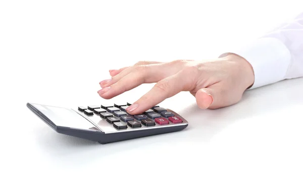 Women hand and Calculator isolated on white — Zdjęcie stockowe
