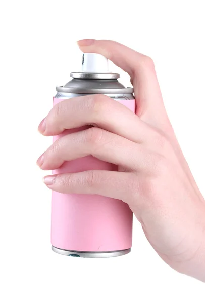 Mano humana sosteniendo una lata de aerosol aislada en blanco — Foto de Stock