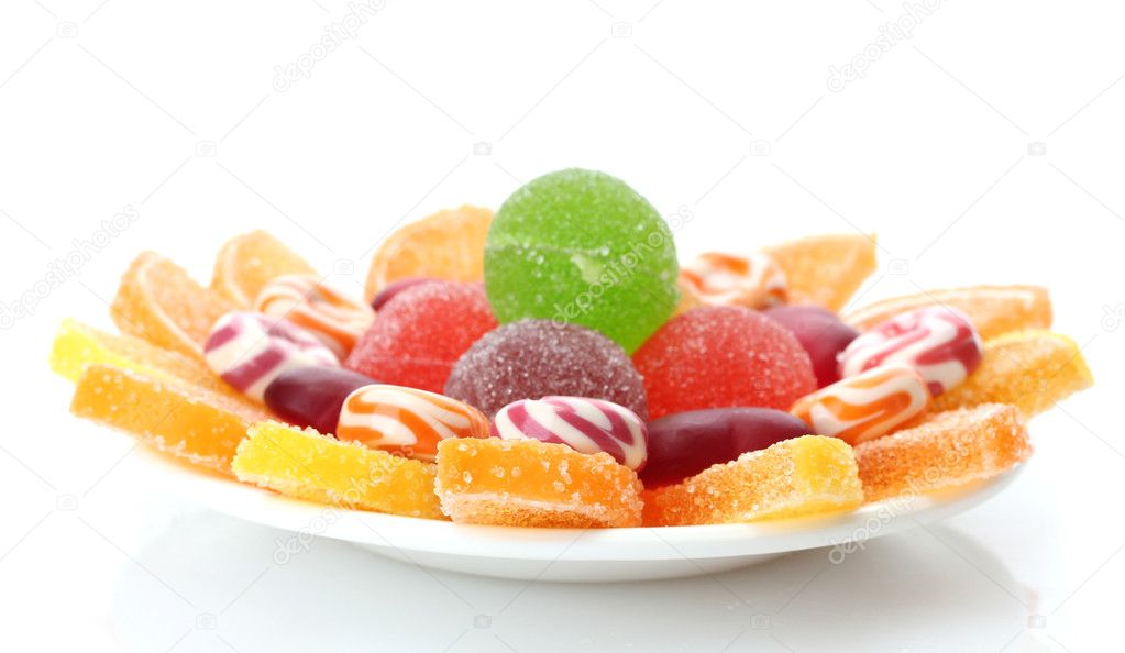 Colorful jelly candies on plate isolated on white