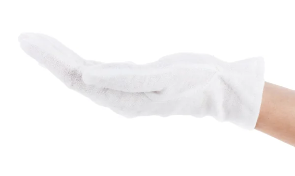 Тканинна рукавичка на руці ізольована на білому — стокове фото