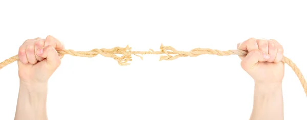 Breken touw in handen geïsoleerd op wit — Stockfoto