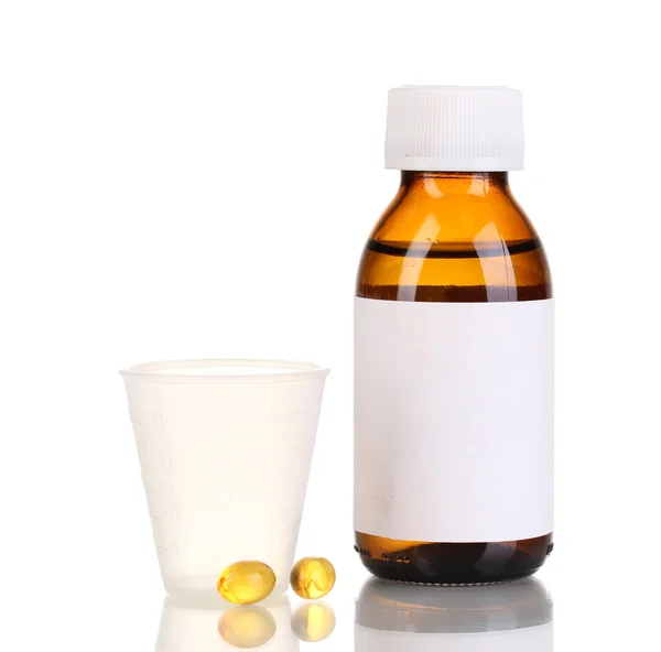 Banyo ve beyaz izole tabletler ile tıp şişe — Stok fotoğraf
