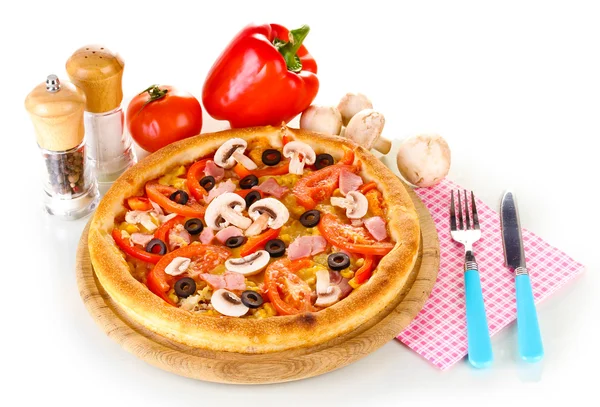 Aromatic pizza with vegetables and mushrooms isolated on white — Stock Photo, Image