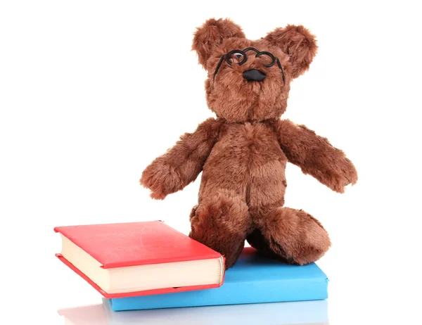 Juguete de oso sentado con libros aislados en blanco — Foto de Stock