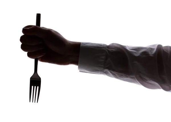 Silhouette of woman's hand with fork isolated on white — Stock Photo, Image
