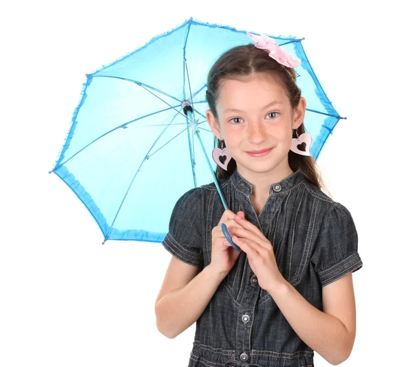 Portrait of beautiful little girl with umbrella Isolated on white — Stockfoto