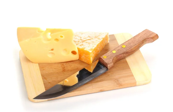 Cheese on cutting board with knife isolated on white Stock Image