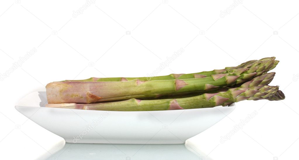 Delicious fresh asparagus on a plate isolated on white
