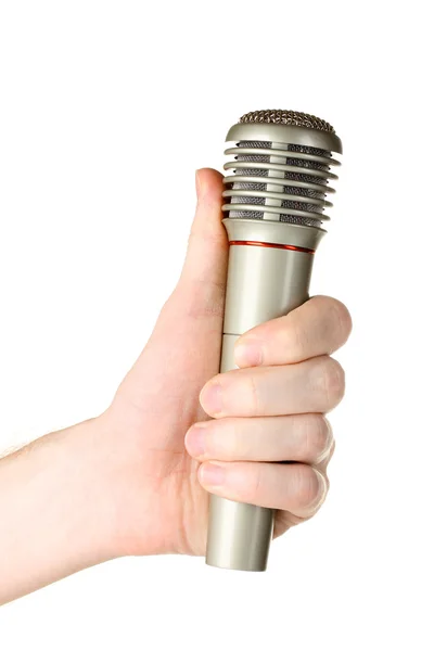 Micrófono de hierro gris brillante en mano aislado en blanco — Foto de Stock