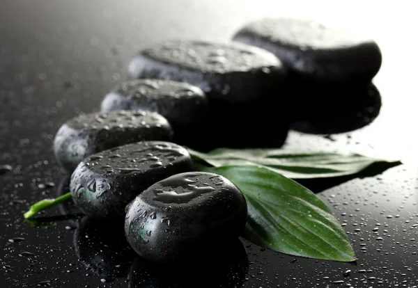 Spa stones with drops and green leaves on grey background — Stock Photo, Image
