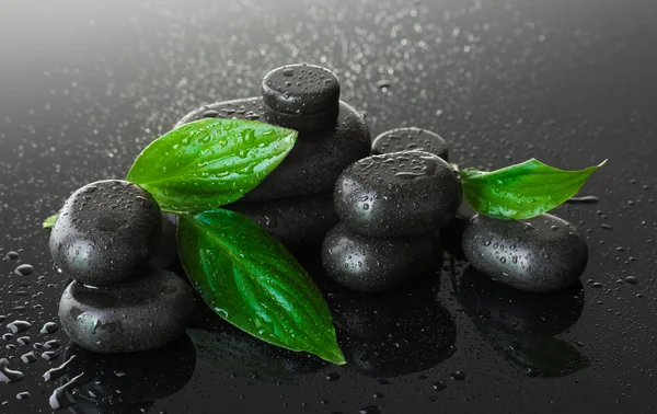 Piedras de spa con gotas y hojas verdes sobre fondo gris —  Fotos de Stock