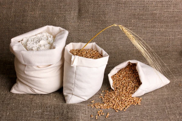 Mouky a pšeničné zrno na žíně — Stock fotografie