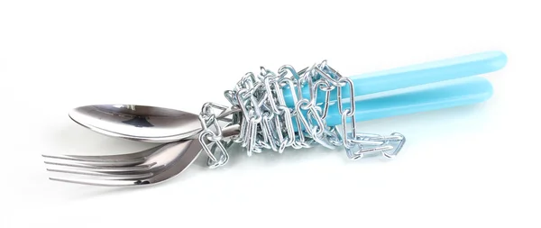 Forchetta e cucchiaio con catena isolata su bianco — Foto Stock