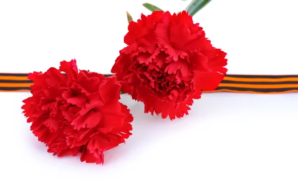 Carnations and St. Georges ribbon isolated on white — Stock Photo, Image