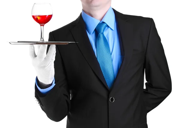 Официант с бокалом вина на серебряном подносе, изолированном на белом — стоковое фото