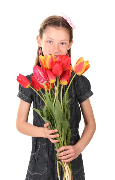 Portrait of beautiful little girl with tulips isolated on white — Stock Photo, Image