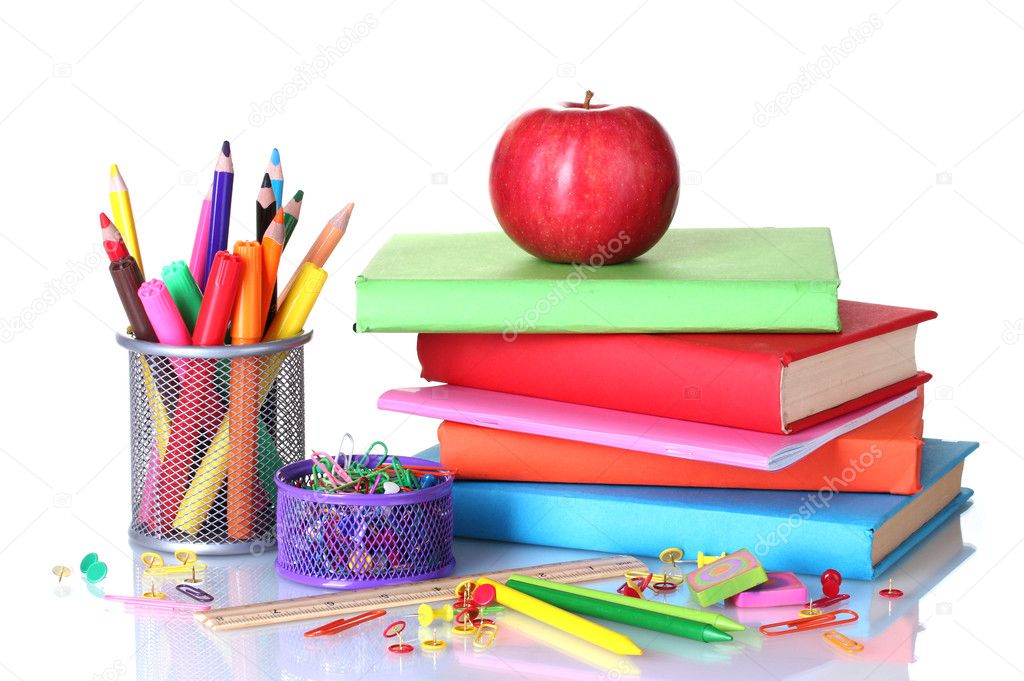 Composition of books, stationery and an apple isolated on white